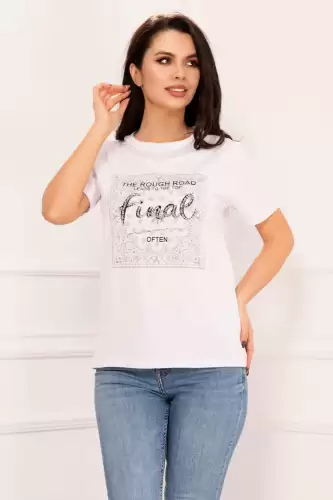 Tricou chic alb Top Final cu strassuri si lant decorativ