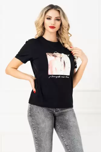 Tricou negru Charmant cu aplicatii perlute