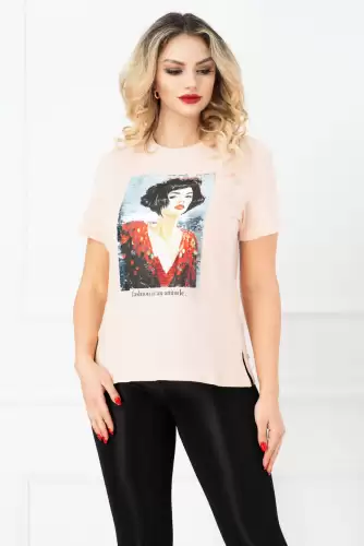 Tricou somon cu imprimeu portret si paiete