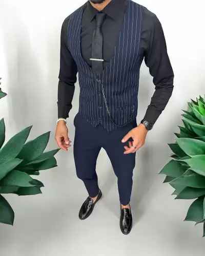 Vesta barbati eleganta slim fit  bleumarin cu dungi albe   13260 P20-3.3