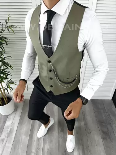 Vesta barbati eleganta slim fit kaki  V8 P19-5.1