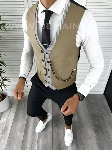 Vesta barbati eleganta slim fit maro deschis V14 P19-5.2