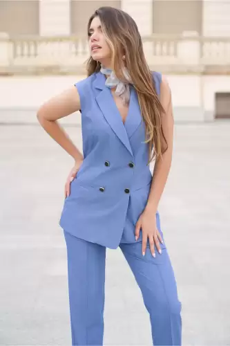 Vesta DY Fashion din stofa albastra cu doua randuri de nasturi