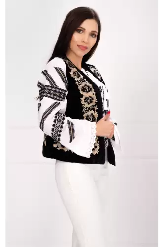 Vesta nationala Brandusa din catifea cu trandafiri aurii brodati