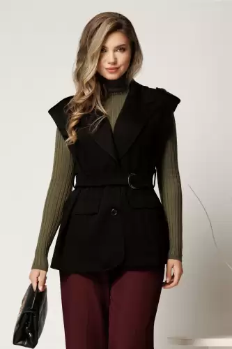 Vesta neagra din viscoza cu croi cambrat si cordon in talie